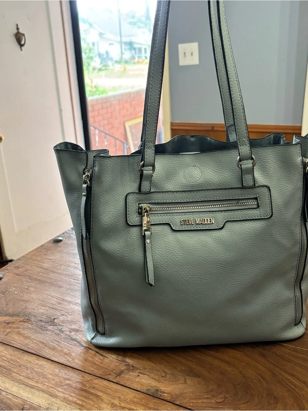 Steve Madden Madison Powder Blue Leather Tote with Front Zip Pocket